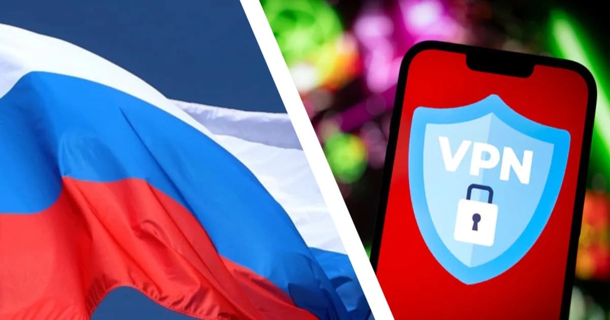 Ilustrasi bendera Rusia dengan ikon VPN di layar smartphone yang menggambarkan pemblokiran VPN di Rusia