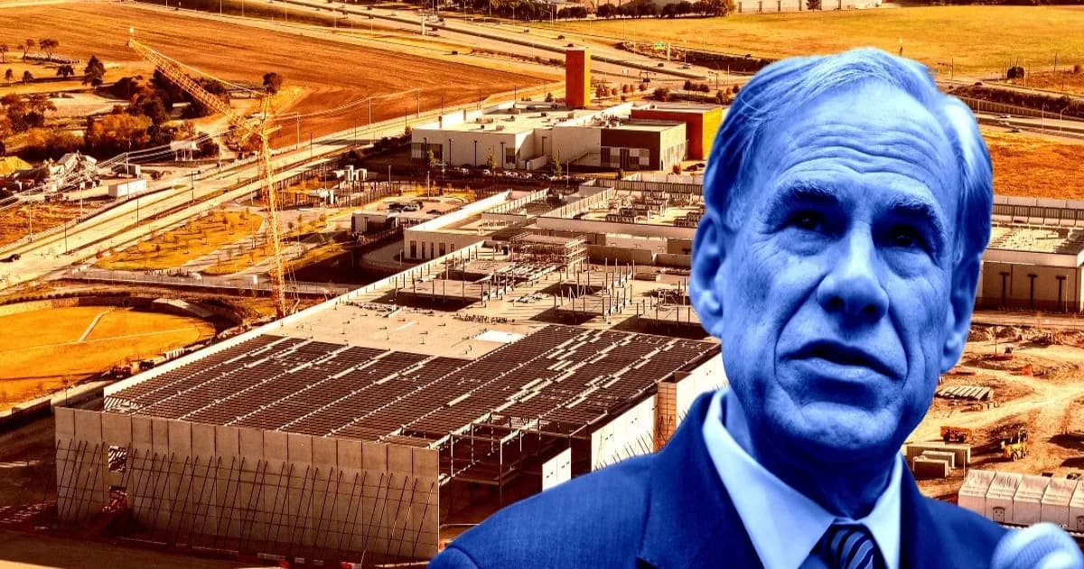 Ilustrasi foto Gubernur Texas Greg Abbott di depan lokasi konstruksi data center