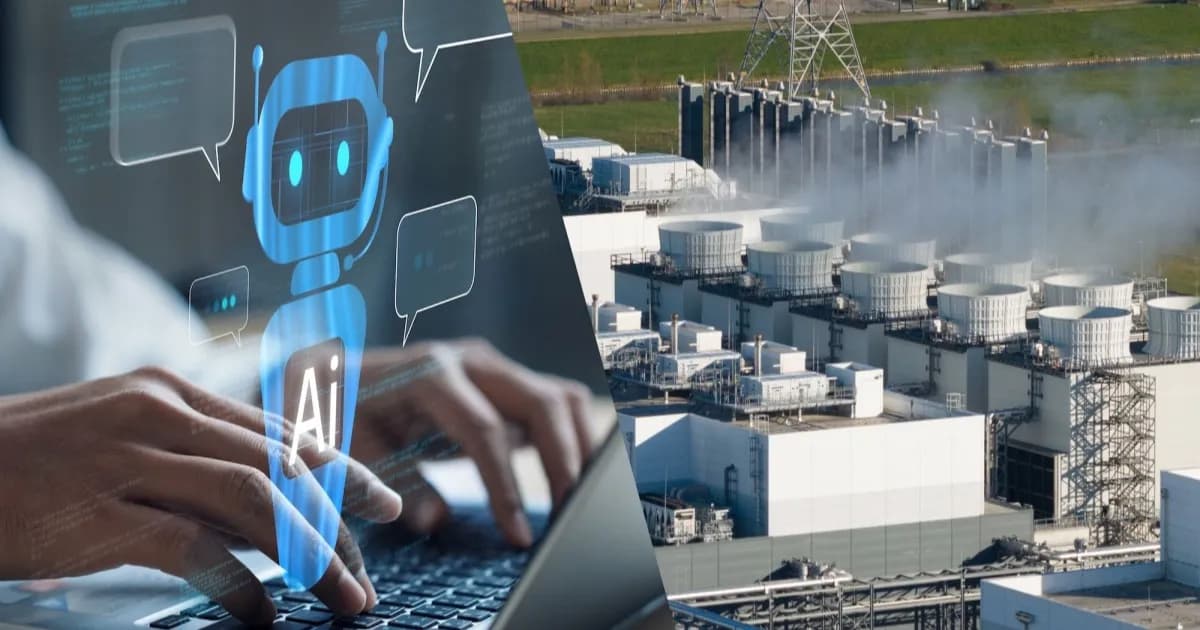 Ilustrasi pusat data dengan server GPU yang membutuhkan daya listrik besar untuk menjalankan model AI
