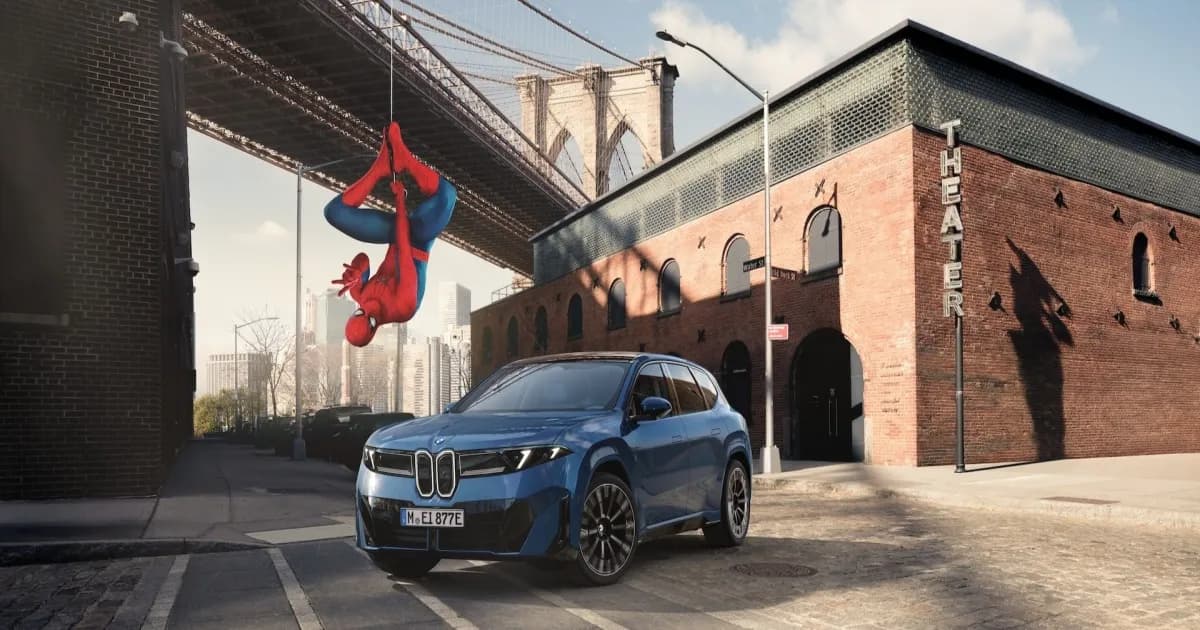 BMW Spider-Man Brand New Day themed animation on car infotainment screen