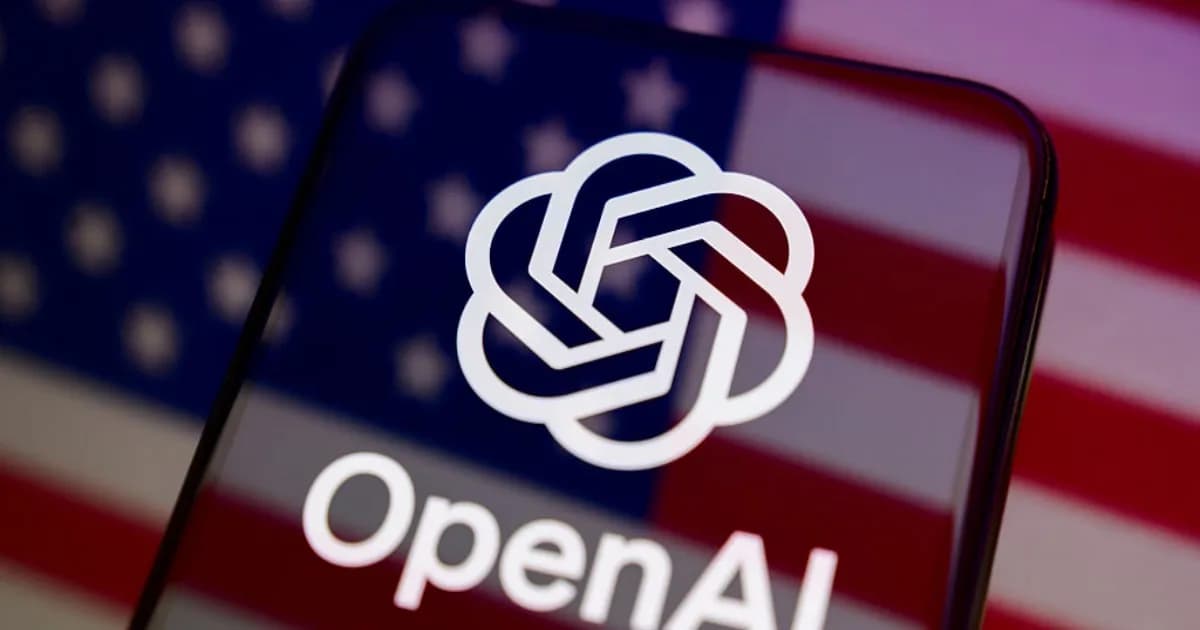 Gedung Departemen Kehakiman AS dengan logo OpenAI di latar belakang