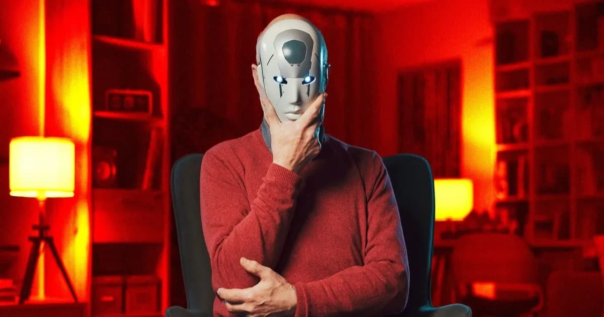 Ilustrasi pria memakai topeng robot sebagai representasi ChatTJB yang dijawab manusia