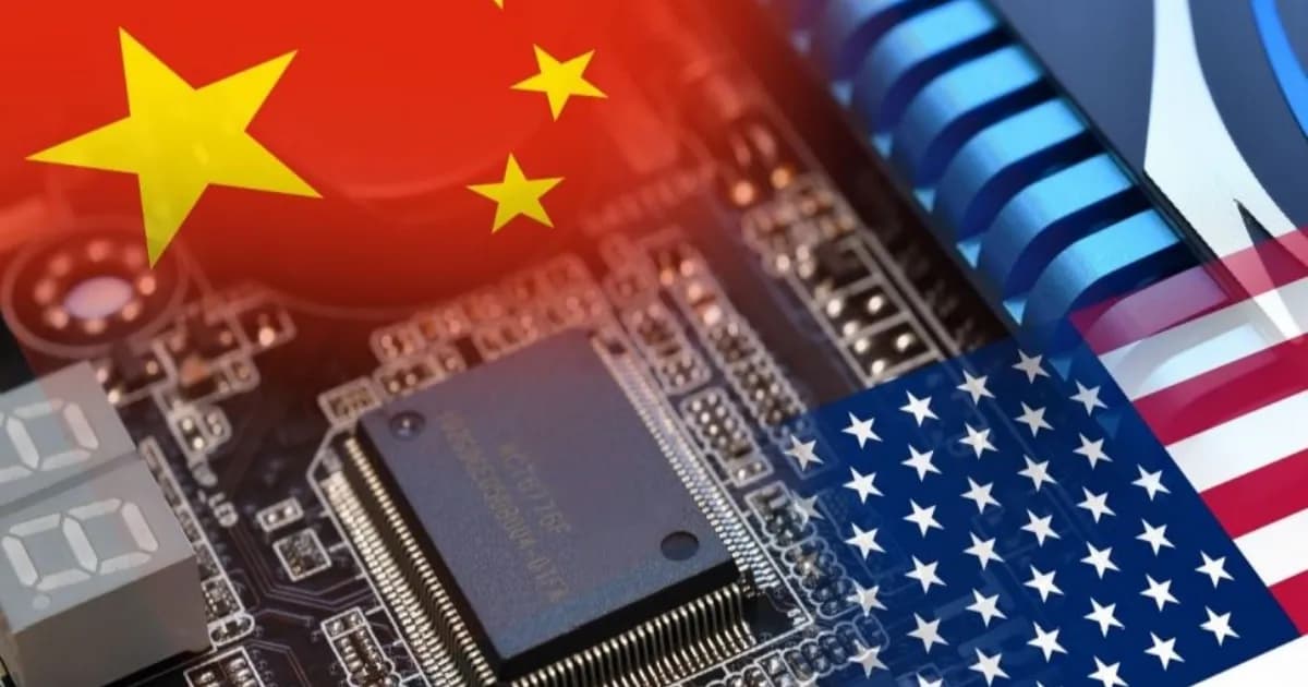 Ilustrasi chip semikonduktor dengan latar bendera China dan AS menggambarkan persaingan teknologi global
