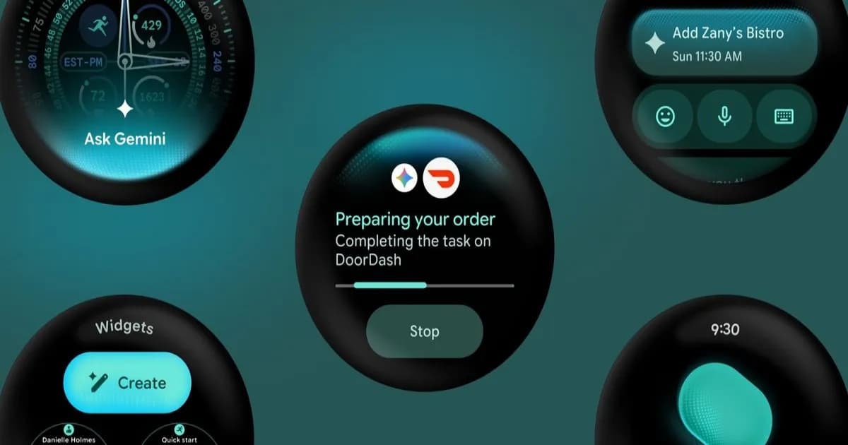 Ilustrasi tampilan overlay Gemini di Wear OS dengan latar Neural Expressive