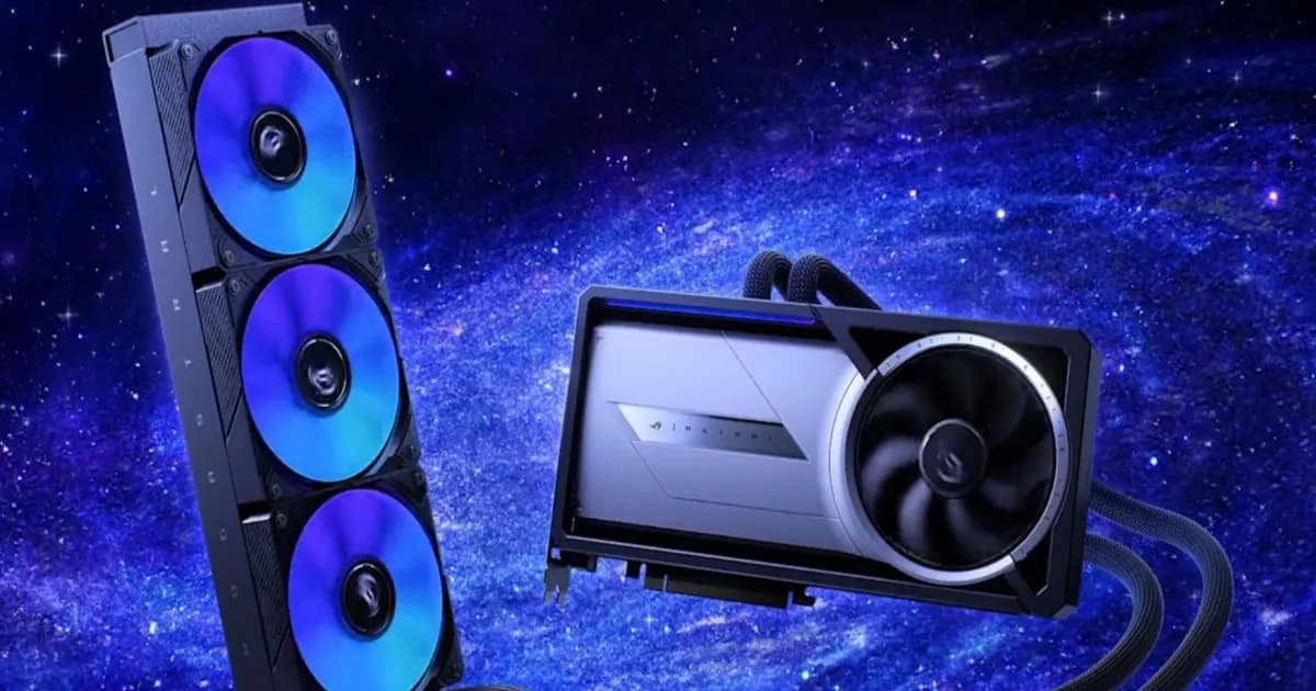 ASUS ROG Astral LC GeForce RTX 5090 OC Edition dengan pendingin cair berlatar biru