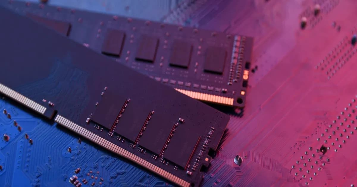 Ilustrasi modul RAM di atas motherboard komputer dengan latar belakang gelap