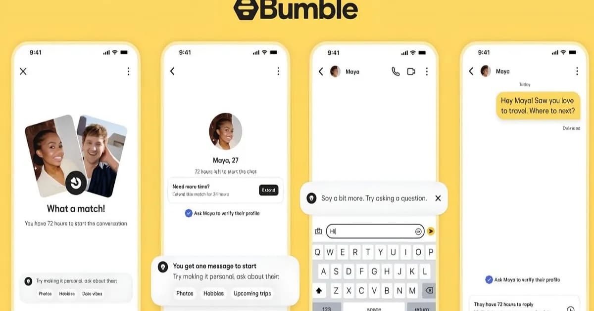 Tampilan antarmuka aplikasi Bumble dengan latar warna kuning khas perusahaan
