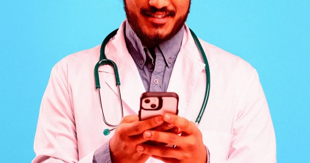 Mahasiswa kedokteran menggunakan smartphone dengan stetoskop