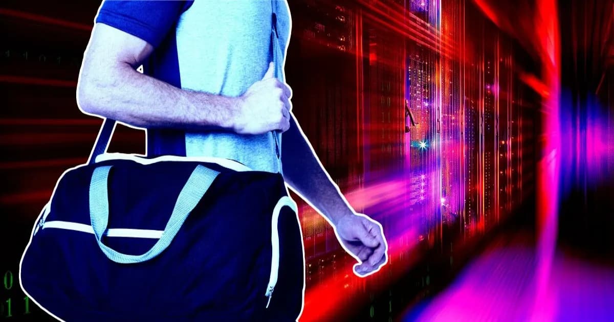 Ilustrasi pria dengan tas gym di dalam pusat data menggambarkan insiden AI agent meretas sistem booking gym