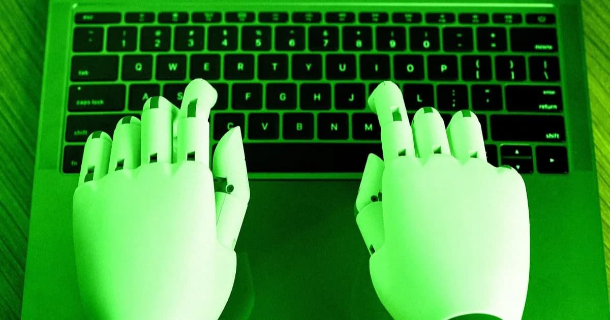 Ilustrasi robot hands typing dengan nuansa warna