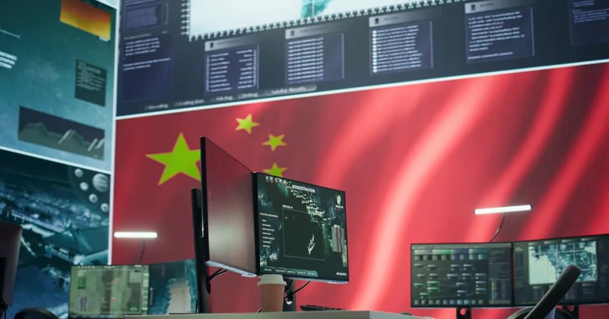 Ilustrasi serangan siber AI otonom yang menyerang infrastruktur digital Taiwan dengan latar bendera China