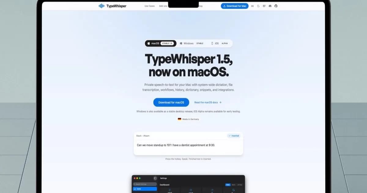 TypeWhisper home page menampilkan antarmuka aplikasi dikte AI untuk Mac