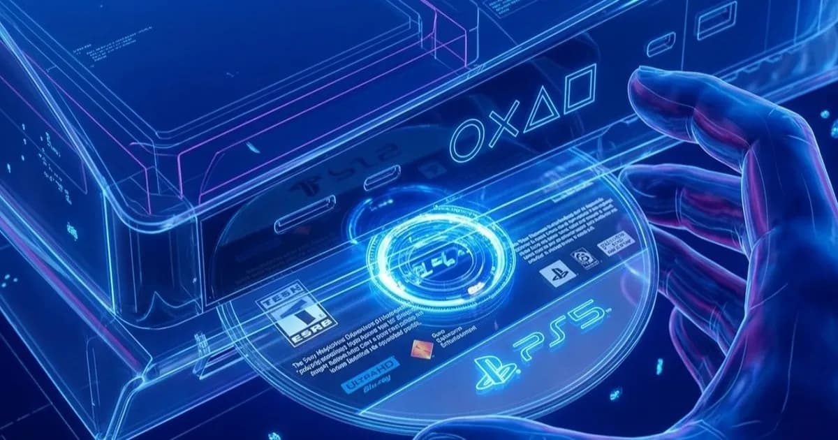 Disc game PlayStation fisik di atas permukaan dengan latar belakang gelap