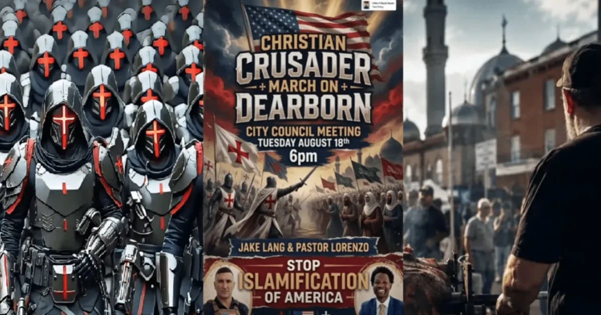 Triptych gambar menunjukkan pasukan tentara salib robotik bersenjata, poster seruan Christian Crusader March on Dearborn, dan pria membakar babi di depan masjid