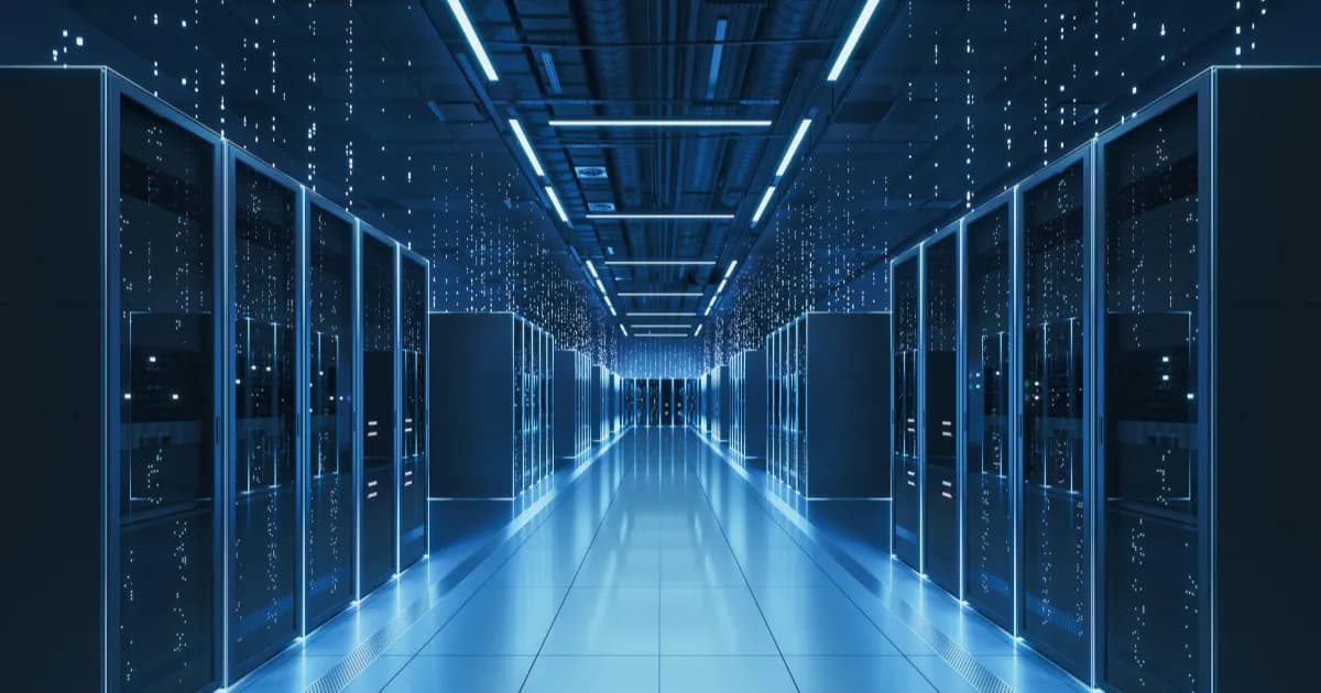 Ilustrasi pusat data dengan pencahayaan biru sebagai representasi infrastruktur sovereign AI