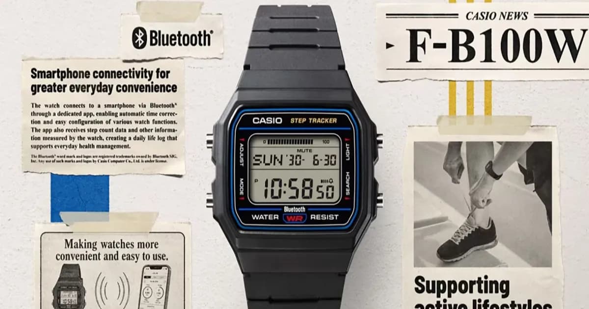 Casio F-B100W jam tangan retro dengan layar LCD dan tali resin
