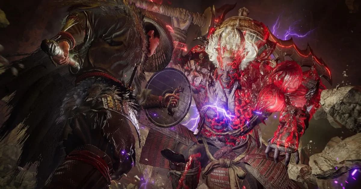 Nioh 3 Hell Rising expansion screenshot menampilkan protagonis menghadapi yokai raksasa dengan pedang besar