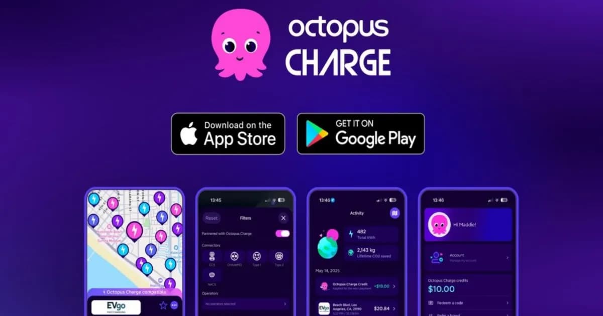 Tampilan aplikasi Octopus Charge untuk menemukan charger EV
