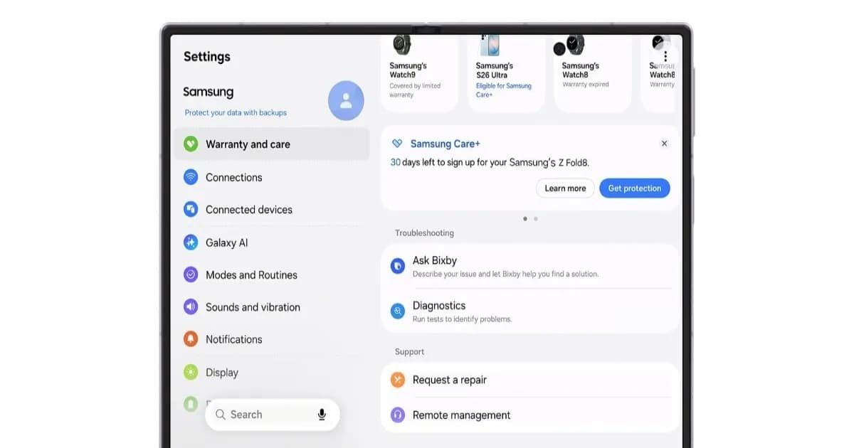 Tampilan menu Warranty and care pada One UI 9 Samsung