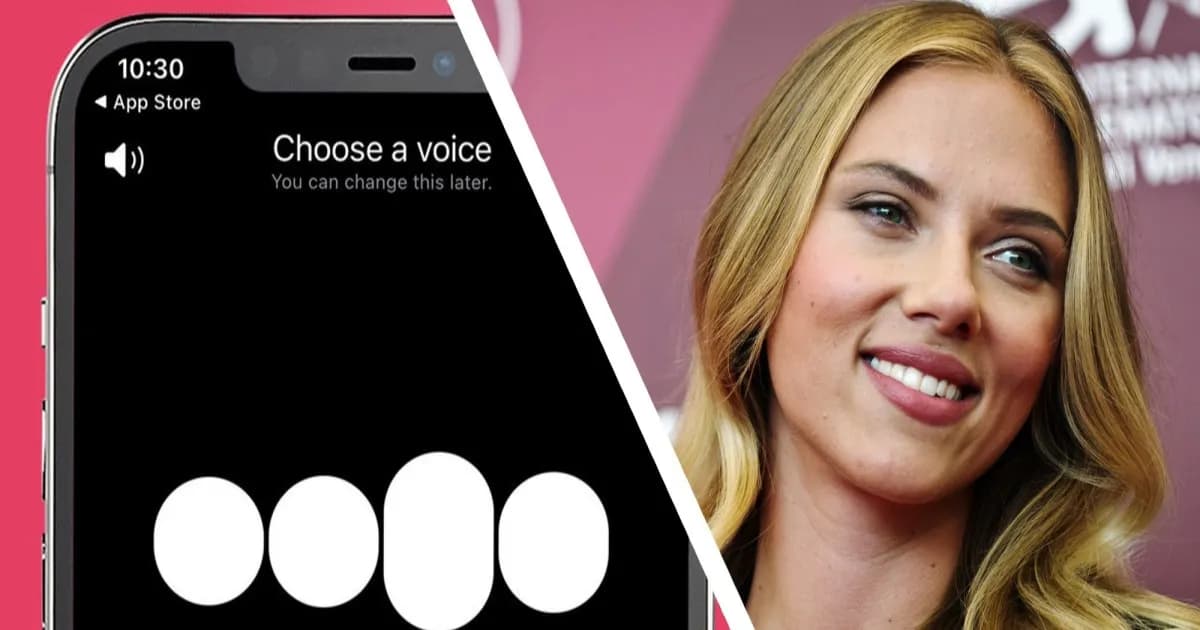 Ilustrasi ponsel dengan latar pink menampilkan aplikasi ChatGPT berdampingan dengan foto Scarlett Johansson
