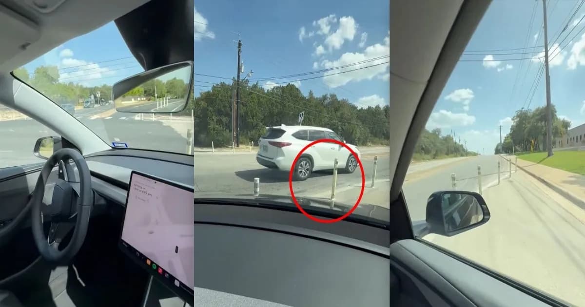 Tangkapan layar video Tesla Robotaxi tanpa pengemudi menabrak dan melindas bollard plastik di jalanan Austin