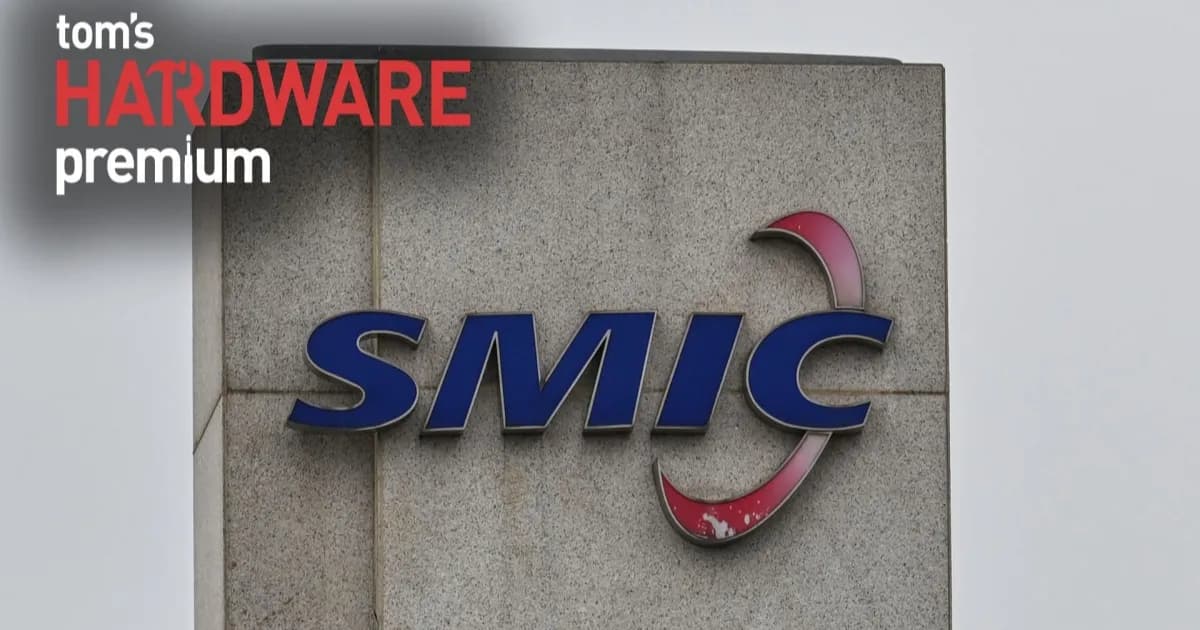 Ilustrasi logo SMIC di atas gedung dengan latar langit kota