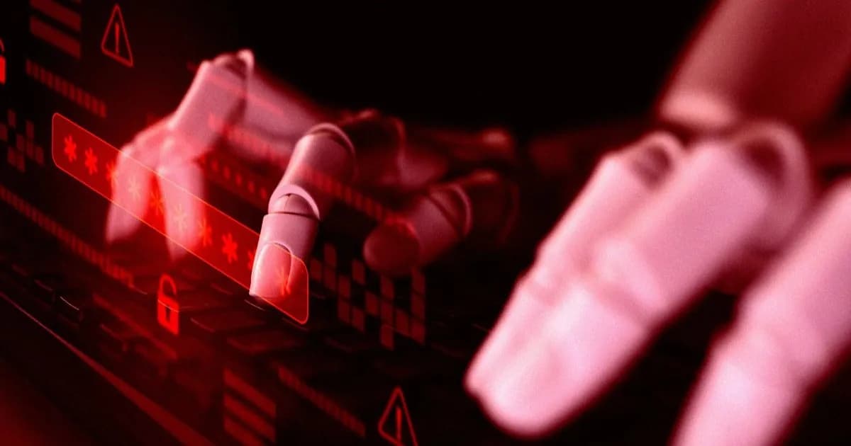 Tangan robotik mengetik di keyboard dengan overlay digital merah menunjukkan bidang input password, ikon gembok, dan simbol peringatan yang menggambarkan tema keamanan siber.