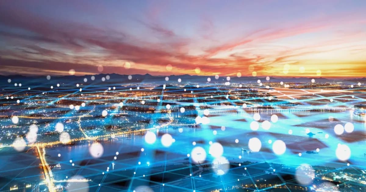 Ilustrasi Intelligent Infrastructure dengan jaringan digital yang menghubungkan infrastruktur kritis perkotaan