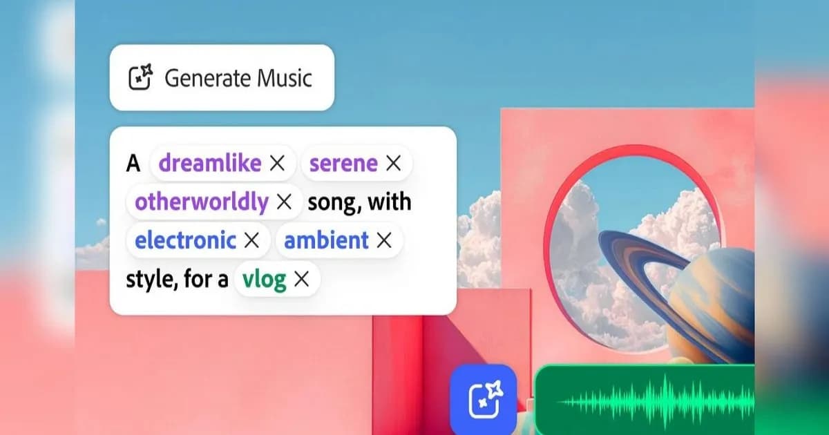 Ilustrasi antarmuka Adobe Firefly dengan fitur Generate Music untuk membuat musik AI