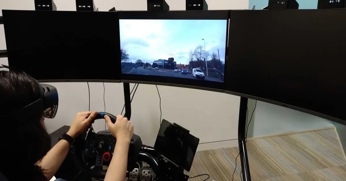 Ilustrasi karakter animasi AR pada kacamata augmented reality untuk peringatan keselamatan berkendara