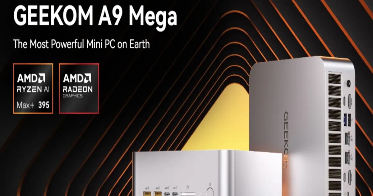 Empat unit GEEKOM A9 Mega Mini PC terhubung melalui kabel USB4 membentuk cluster AI enterprise