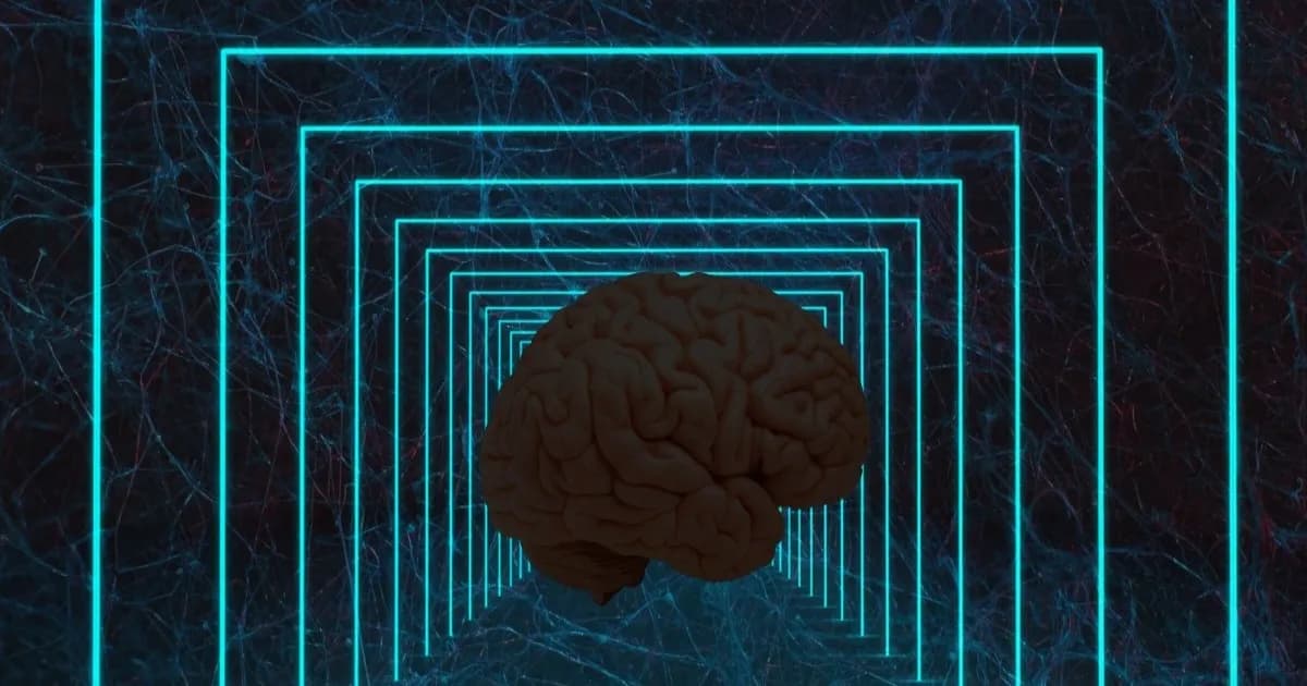 Ilustrasi foto otak manusia gelap dalam lingkungan simulasi, menggambarkan penelitian kesadaran dan idealisme dalam neurosains.