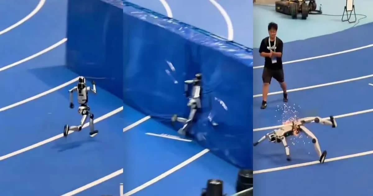 Tangkapan layar video robot humanoid China menabrak dinding dan roboh di lintasan World Humanoid Robot Games