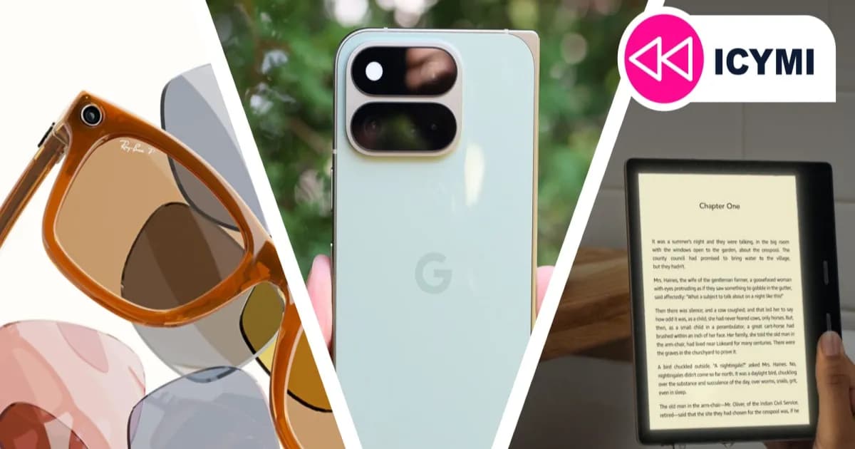Ilustrasi kacamata pintar Meta Ray-Ban, Google Pixel 11 Pro Fold, dan Kindle Oasis dalam satu frame