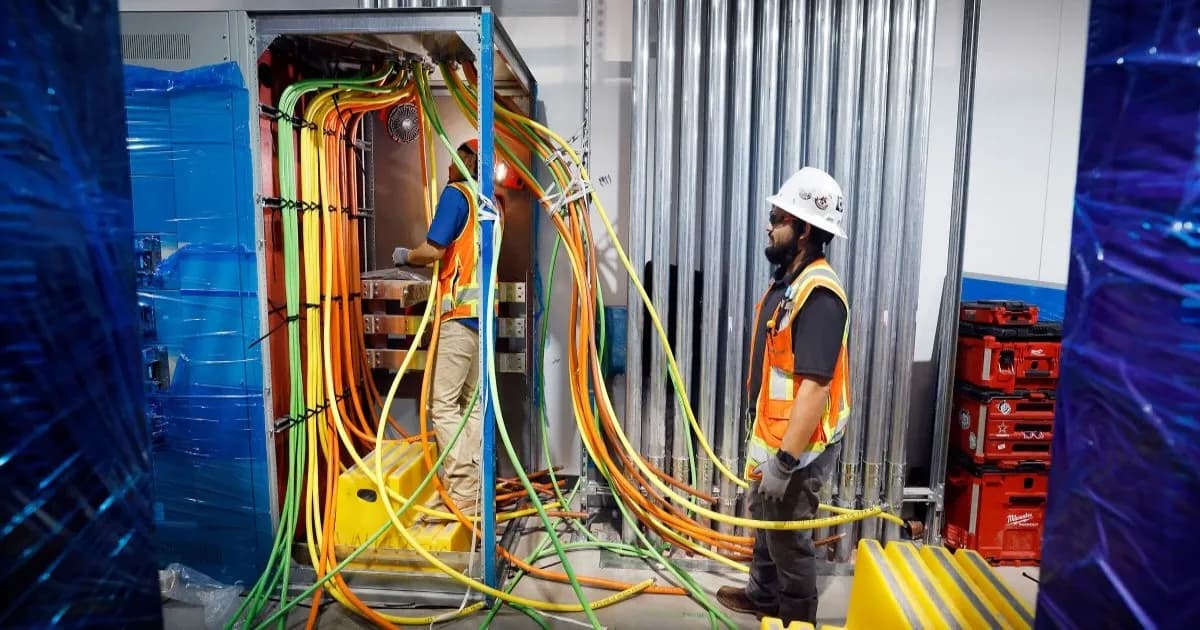 Pekerja konstruksi memasang kabel listrik di galeri mekanikal data center di Dallas, Texas