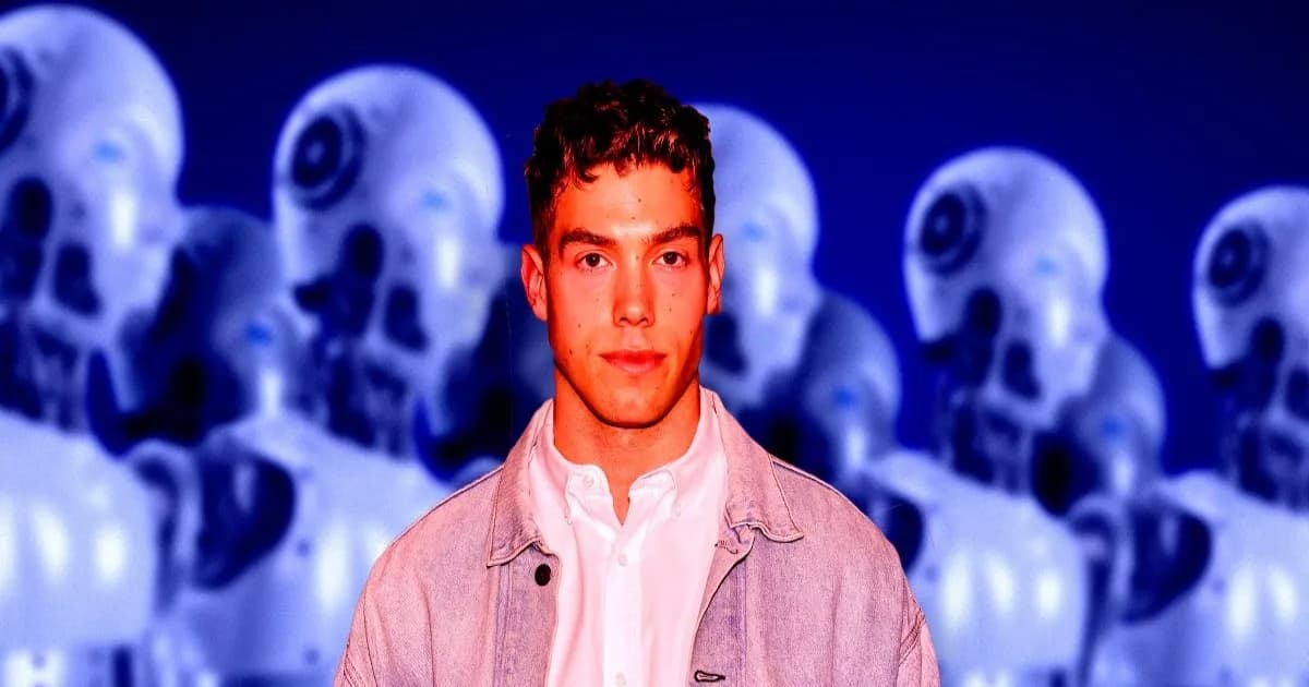 Ilustrasi Derek Chadwick di depan deretan robot yang menggambarkan skandal penggunaan AI palsu di aplikasi dating Goose