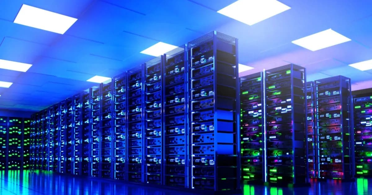 Ilustrasi gedung data center AI modern dengan server bercahaya biru di dalam ruangan besar