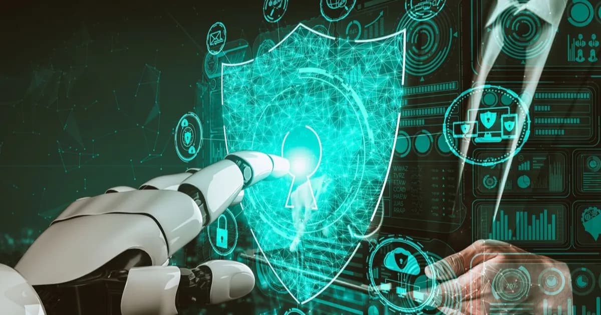 Ilustrasi tangan robot menyentuh perisai digital terkunci yang menghalangi akses data manusia