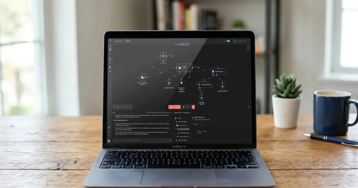 Ilustrasi platform otomatisasi n8n dengan antarmuka workflow berbasis node