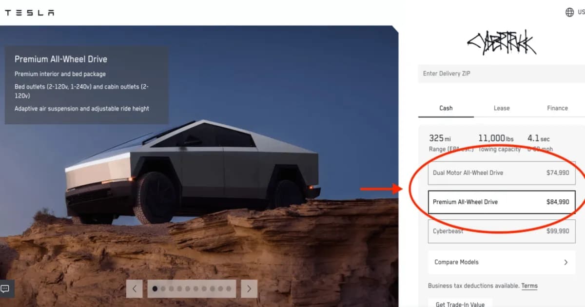 Tampilan konfigurator Tesla Cybertruck dengan harga terbaru varian Dual Motor AWD