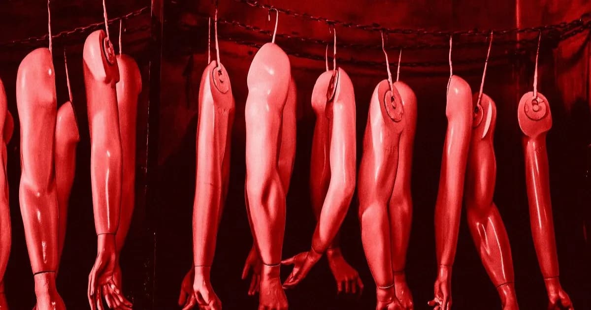 Ilustrasi lengan manekin tergantung menggambarkan konsep factory farming of humans oleh AI