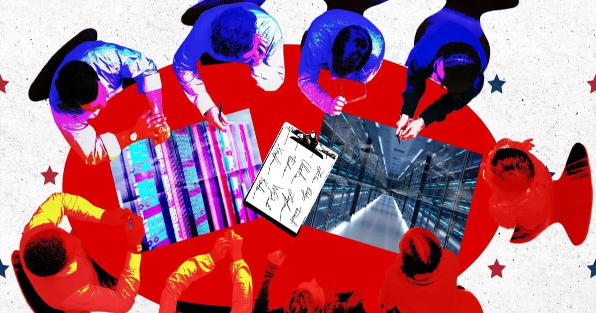 Ilustrasi politisi Amerika Serikat menandatangani dokumen AI Pact untuk mengatur data center dan kecerdasan buatan