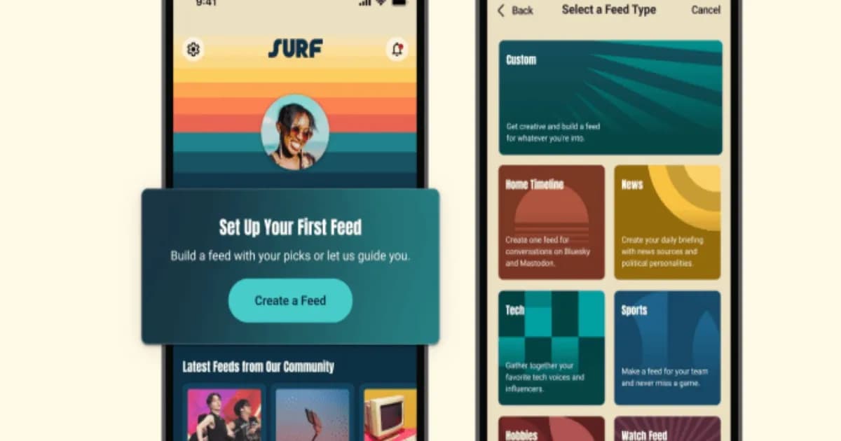 Tampilan aplikasi Surf dari Flipboard yang menampilkan berbagai feed komunitas