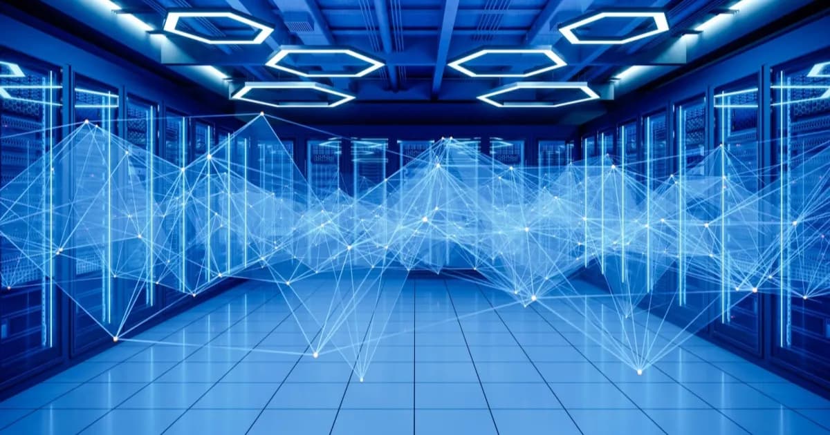 Ilustrasi data center dengan rak server dan lampu menyala