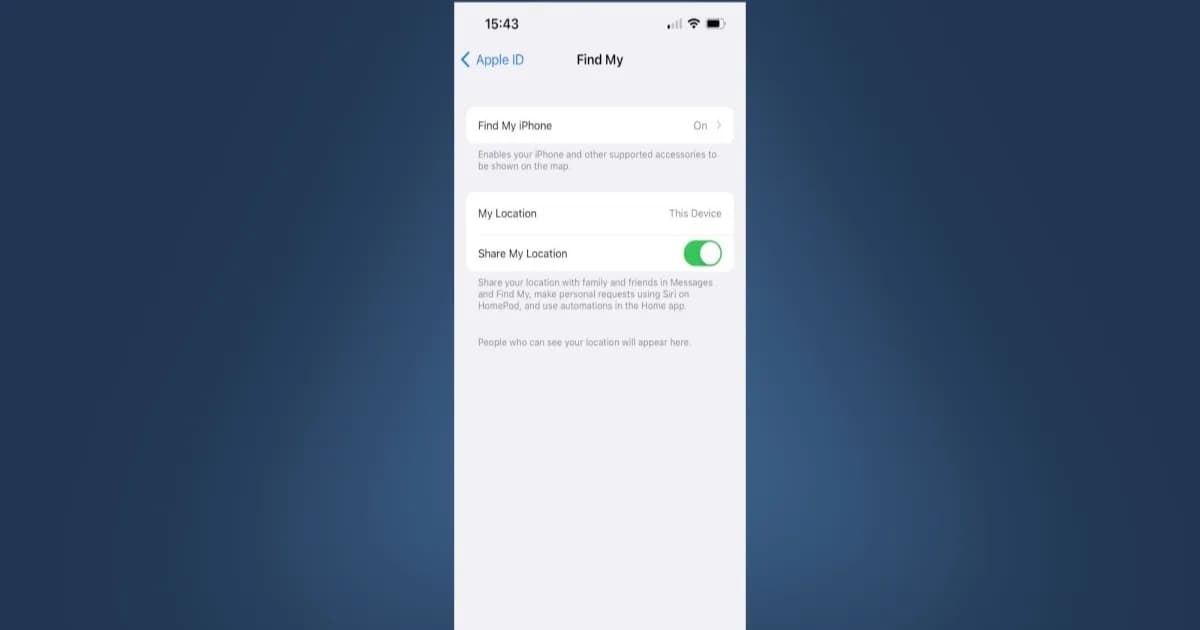 Find My iPhone displayed in settings