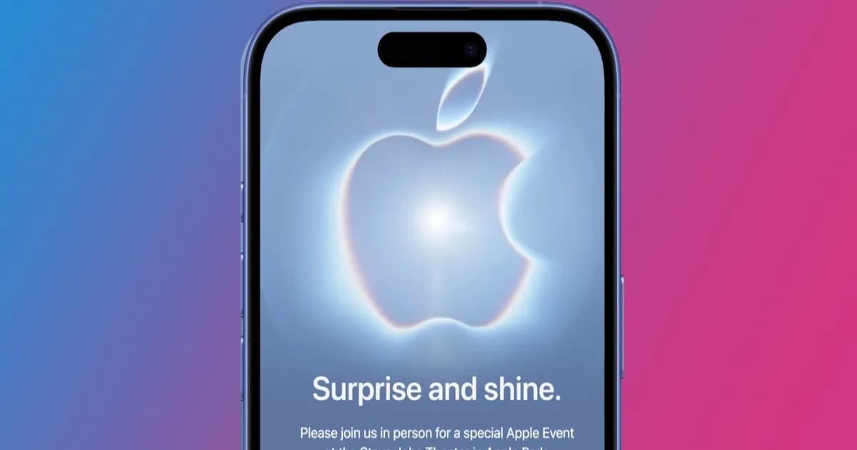 Undangan resmi Apple untuk acara September 2026 bertajuk Surprise and shine dengan logo Apple berwarna biru cerah