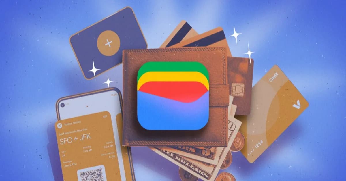 Ilustrasi aplikasi Google Wallet di layar smartphone Android dengan berbagai kartu digital dan menu pengaturan.