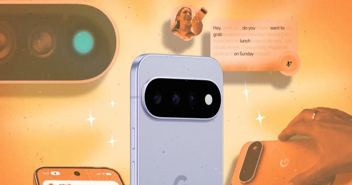 Ilustrasi deretan smartphone Pixel 11 dengan fitur kamera AI dan antarmuka Android 17