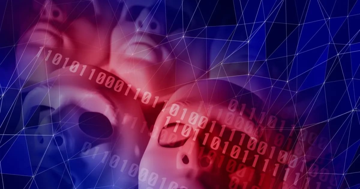 Ilustrasi machine learning dan AI dengan robot terhubung di balik kode biner yang menggambarkan dampak teknologi pada perpindahan pekerjaan dan ketidakamanan