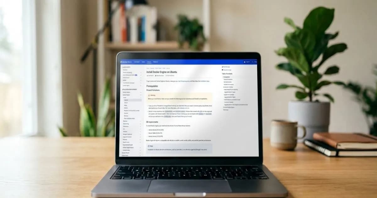 Ilustrasi website Docker di layar laptop untuk panduan self-hosting aplikasi